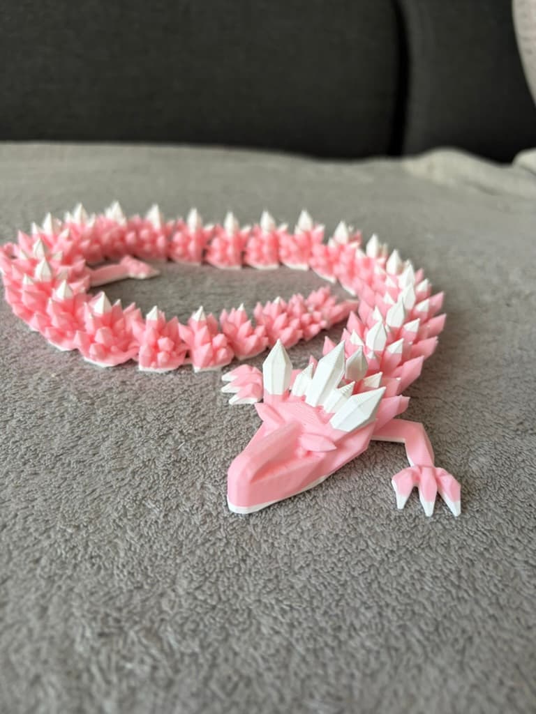Beweglicher Kristall-Drache in Rosa und Weiß aus PLA