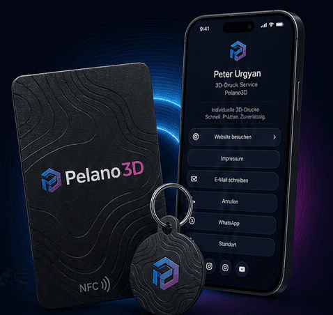 Pelano3D NFC-Visitenkarte neben einem Smartphone mit digitalem Kontaktprofil